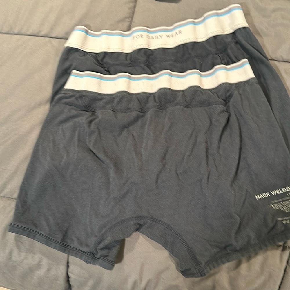3 pairs of Mack Weldon boxer briefs. Navy blue, “for daily wear” boxers